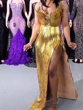 Gold Metallic Fringe Evening Gown - Women's Dress